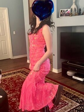 Pink/Coral Sequin Embellished Evening Gown